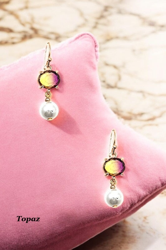 ROUND GEM PEARL DROP EARRING