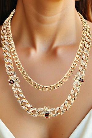 BEE AND RHINESTONE ACCENT LAYERED CHAIN NECKLACE AND BEE POST EARRING SET