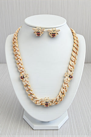 BEE AND RHINESTONE ACCENT LAYERED CHAIN NECKLACE AND BEE POST EARRING SET