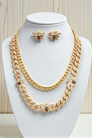 BEE AND RHINESTONE ACCENT LAYERED CHAIN NECKLACE AND BEE POST EARRING SET