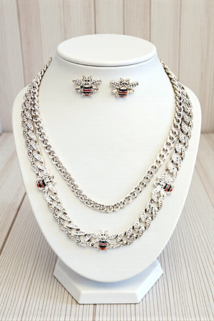 BEE AND RHINESTONE ACCENT LAYERED CHAIN NECKLACE AND BEE POST EARRING SET