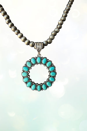 Round Gemstone Pendant Bead Necklace Set