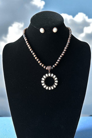 Round Gemstone Pendant Bead Necklace Set