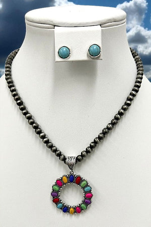 Round Gemstone Pendant Bead Necklace Set