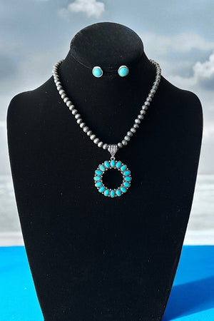 Round Gemstone Pendant Bead Necklace Set