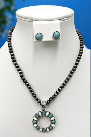 Round Gemstone Pendant Bead Necklace Set