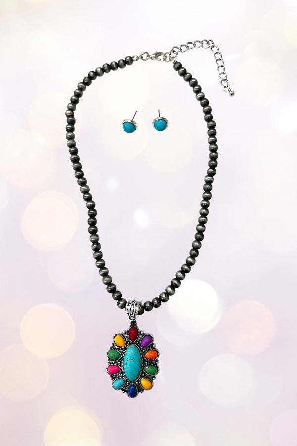 Ball Bead Floral Gem Pendant Necklace Set