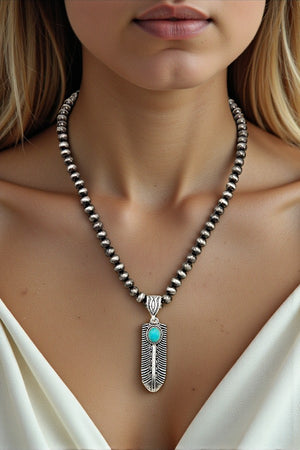 ETCHED FEATHER PENDANT NAVAJO PEARL BEAD NECKLACE SET