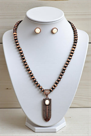 ETCHED FEATHER PENDANT NAVAJO PEARL BEAD NECKLACE SET