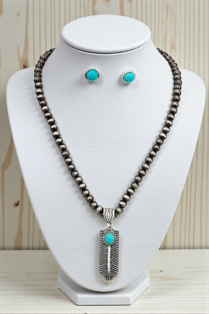 ETCHED FEATHER PENDANT NAVAJO PEARL BEAD NECKLACE SET
