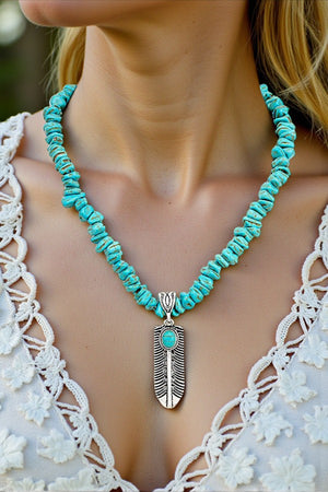 WESTERN CHIPPED GEM ETCHED LEAF PENDANT NECKLACE SET