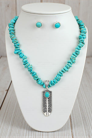 WESTERN CHIPPED GEM ETCHED LEAF PENDANT NECKLACE SET