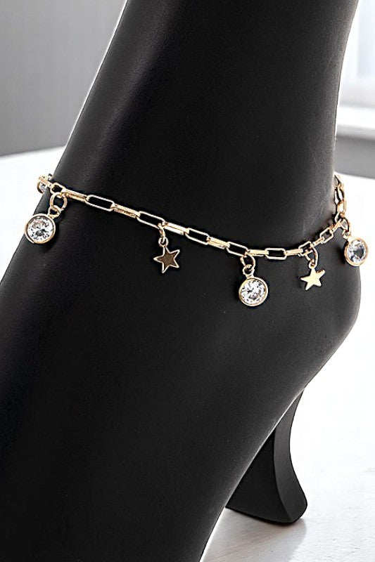 ROUND GEM AND STAR CHARMS DANGLE ANKLET