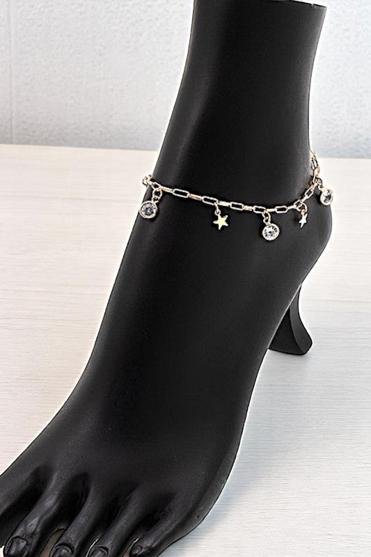 ROUND GEM AND STAR CHARMS DANGLE ANKLET