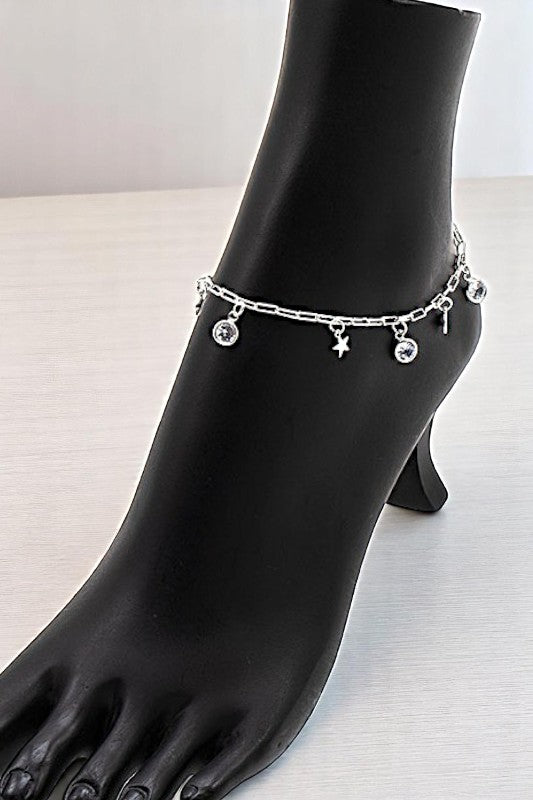 ROUND GEM AND STAR CHARMS DANGLE ANKLET