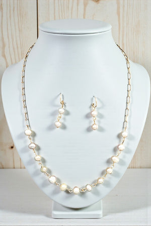 FRESHWATER PEARL STATIONED NECKLACE AND DOUBLE PEARL DROP EARRING SET