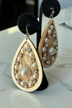 PEARL GEM ACCENT WOODEN TEARDROP EARRING