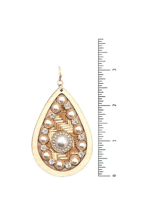 PEARL GEM ACCENT WOODEN TEARDROP EARRING