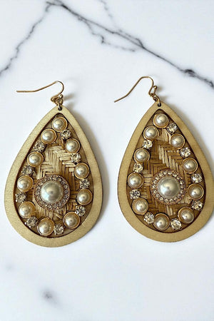 PEARL GEM ACCENT WOODEN TEARDROP EARRING
