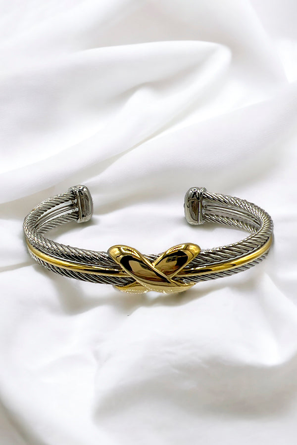 Two Tone X Charm Cuff Cable Wire Bracelet