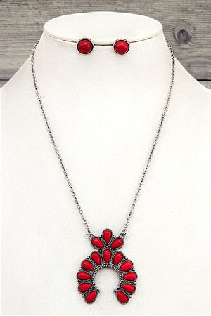 SQUASH BLOSSOM GEMSTONE PENDANT NECKLACE AND ROUND GEM STUD EARRING SET