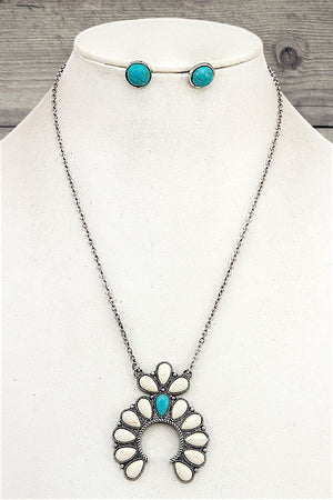 SQUASH BLOSSOM GEMSTONE PENDANT NECKLACE AND ROUND GEM STUD EARRING SET