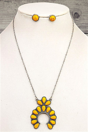 SQUASH BLOSSOM GEMSTONE PENDANT NECKLACE AND ROUND GEM STUD EARRING SET