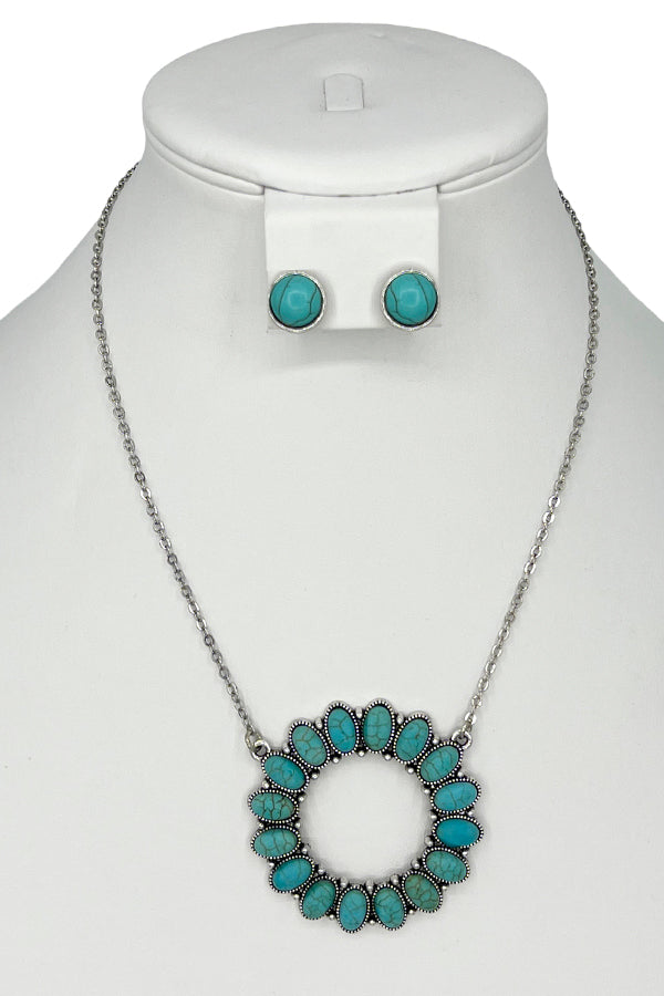 Round Floral Gem Pendant Necklace Set