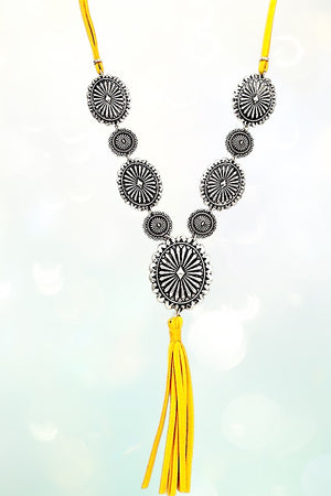 ROUND ETCHED CONCHO LINK TASSEL DANGLE CORD NECKLACE AND EARRING SET