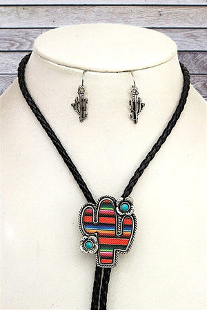 WESTERN CACTUS PENDANT CORD BOLO NECKLACE SET