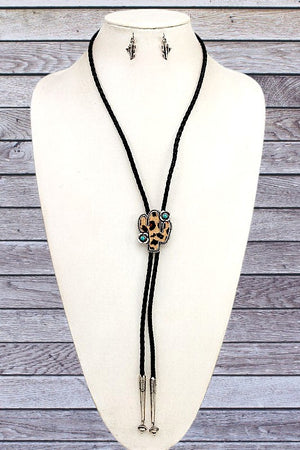 WESTERN CACTUS PENDANT CORD BOLO NECKLACE SET