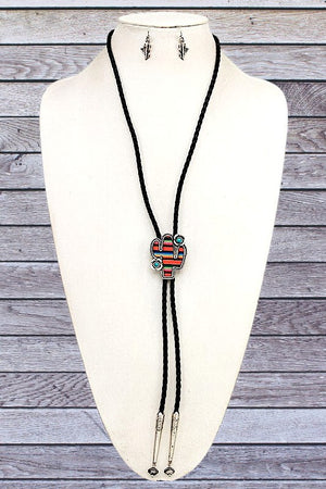 WESTERN CACTUS PENDANT CORD BOLO NECKLACE SET