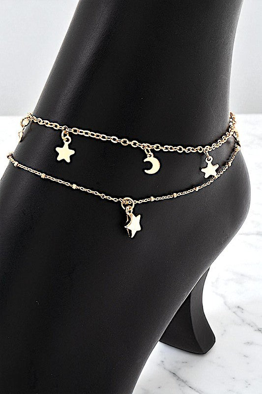 MOON AND STAR CHARMS DANGLE ANKLET SET