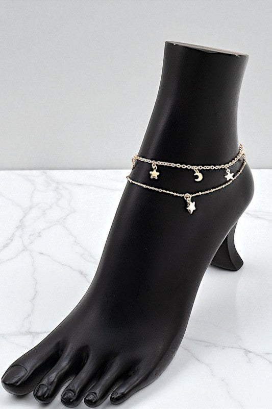 MOON AND STAR CHARMS DANGLE ANKLET SET