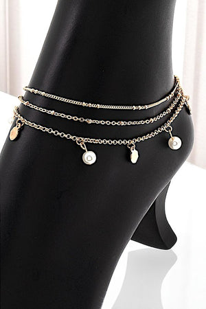 LAYERED PEARL DISK DANGLE CHAIN ANKLET SET