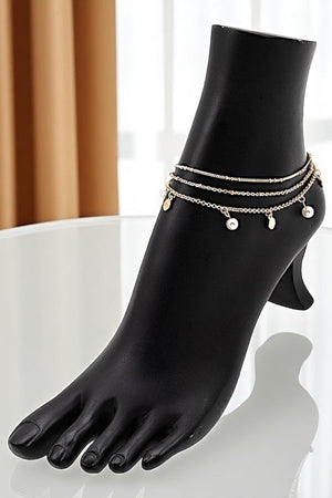 LAYERED PEARL DISK DANGLE CHAIN ANKLET SET