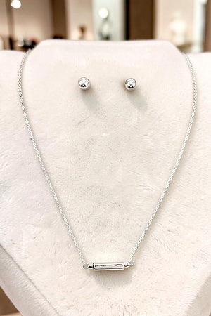 BAR PENDANT NECKLACE AND BALL BEAD POST EARRING SET