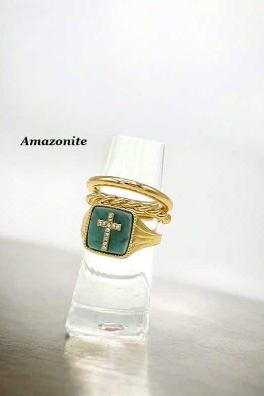 Semi Precious Stone Cross Accent Ring Set