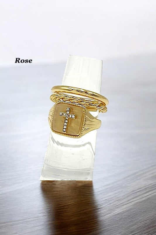 Semi Precious Stone Cross Accent Ring Set