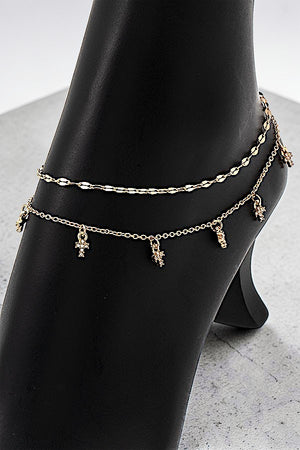 RHINESTONE ACCENT MULTI CROSS DANGLE LAYERED CHAIN ANKLET