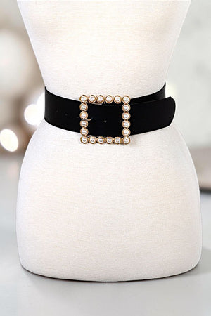 FAUX PEARLS ON LUSTROUS GOLD SQUARE FRAME BUCKLE WIDE FASHION BELT
