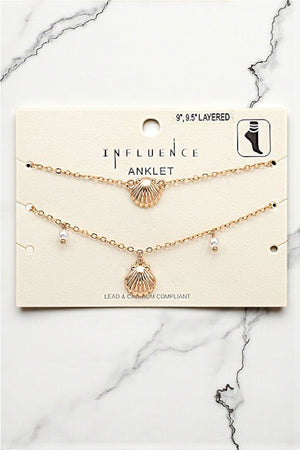 SHELL PEARL DANGLE LAYERED ANKLET