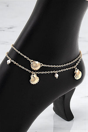 SHELL PEARL DANGLE LAYERED ANKLET