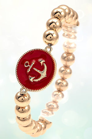 ANCHOR ETCHED DISK BALL BEAD STRETCH BRACELET