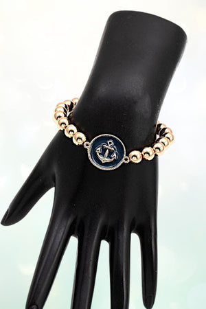 ANCHOR ETCHED DISK BALL BEAD STRETCH BRACELET
