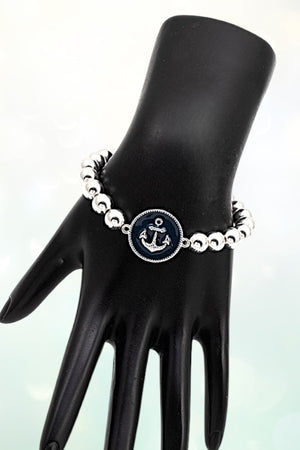 ANCHOR ETCHED DISK BALL BEAD STRETCH BRACELET