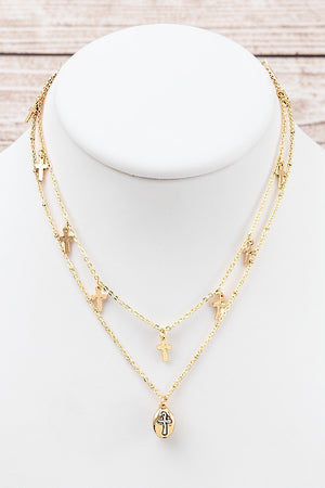 MULTI CROSS DANGLE LAYERED NECKLACE
