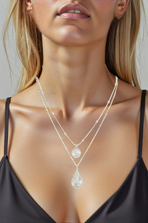 ROUND AND TEARDROP DOUBLE PENDANT LAYERED NECKLACE SET