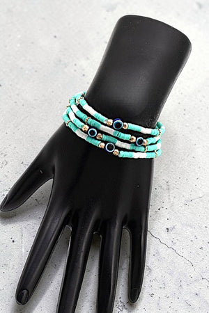 EVIL EYE STATIONED DISK BEAD STRETCH BRACELET SET