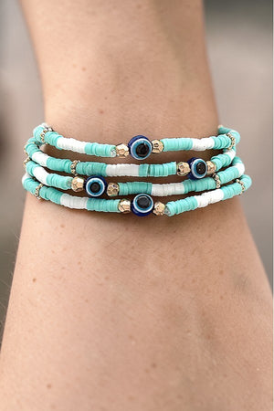 EVIL EYE STATIONED DISK BEAD STRETCH BRACELET SET